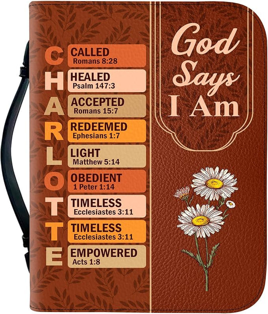 Personalized Man of God Bible Cover, God Says I Am Bible Case PU Leather, Bible Holder Handle Zipper, Faith Scripture with Name Case Bag, Religious Gifts for Church Christians Women Men (GOD-06)