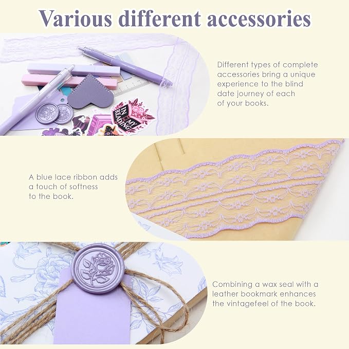 J6&H6 6 Set Blue-Themed Blind Date with a Book Gift excluding Books,Gift Set Including Lace Ribbons Patterned Paper Leather Bookmarks Stickers Blue Labels Kraft Paper for Literary Gifts (Purple)