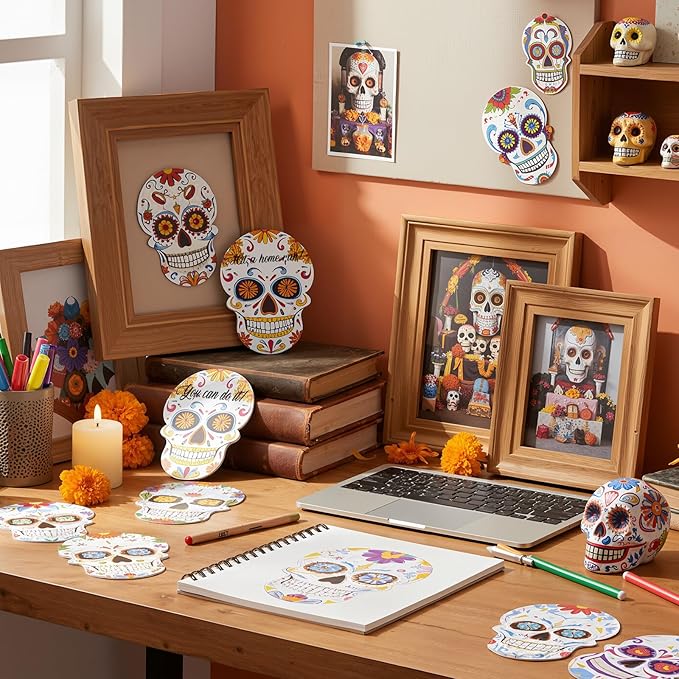 TaoBary 24 Pcs Day of The Dead Decorations Sugar Skull Cutouts Paper 7.09 Inch Dia De Muertos Party Decorations Sugar Skull Bulletin Board Decor for Mexican Halloween Classroom Altar Wall Crafts