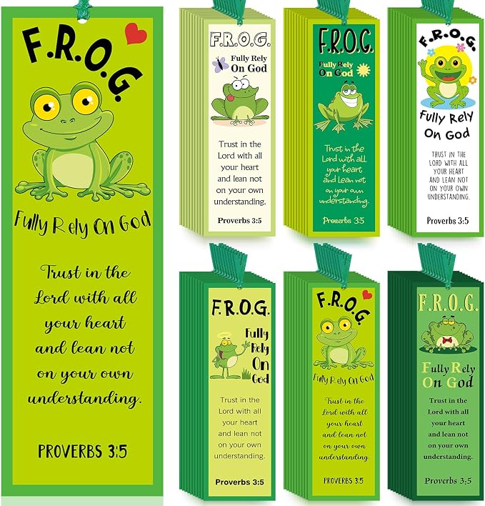 60 Pcs Fully Rely On God Frog Bookmarks Proverbs 3: 5 F.R.O.G. Christian Bible Verse Bookmark Gift Religious Inspirational Bookmark for Church Sunday School VBS(Fully Rely on God)