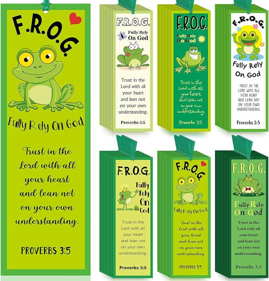 60 Pcs Fully Rely On God Frog Bookmarks Proverbs 3: 5 F.R.O.G. Christian Bible Verse Bookmark Gift Religious Inspirational Bookmark for Church Sunday School VBS(Fully Rely on God)