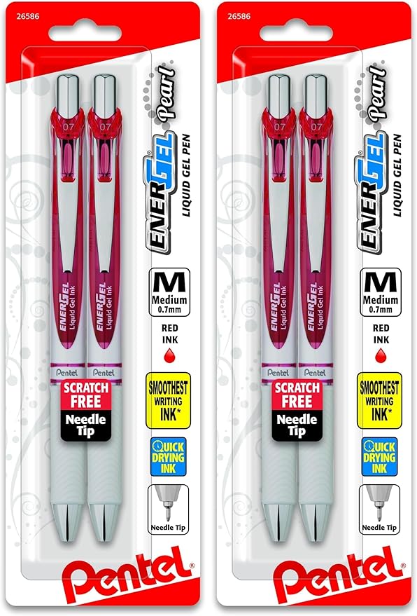 Pentel EnerGel Pearl Gel Pen, Needle Tip, 0.7mm, Red Ink | Retractable | Medium Line | 2-Pack