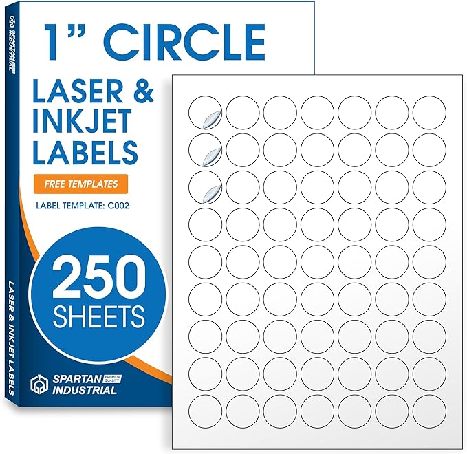 1" Printable Round Labels for Laser and Inkjet Printers - 15750 Blank Labels, 250 Sheets for Price Tags, Thank You Stickers, QR Codes, Business Logos - Spartan Industrial Template C002