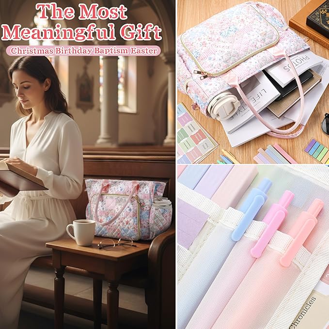 Large Bible Bag Quilted Bible Cover Case Kit for Women Church Bag with Shoulder Strap Study Supplies Christian Gifts(Spliced Flower)