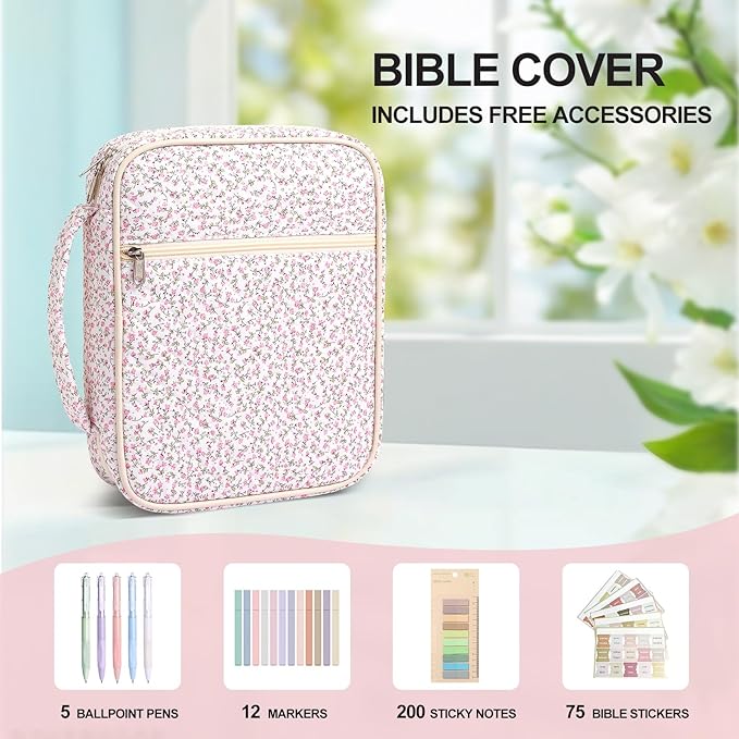 Large Bible Cover Case for Women,Bible Bag,Floral Bible Storage Bags with Zipper Pocket and Handle