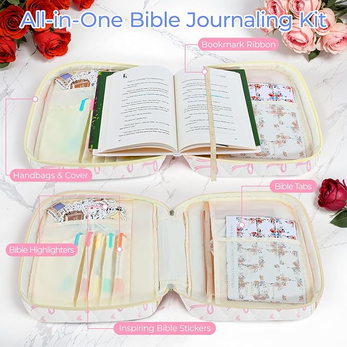 WOBAGMEN Bible Cover Case for Women,Large Bible Tote Bags Organizer Quilted Carrying Case for Girls,Bible Study Supplies Accessories Christian Gifts for Women (Pink Bow Heart, M)