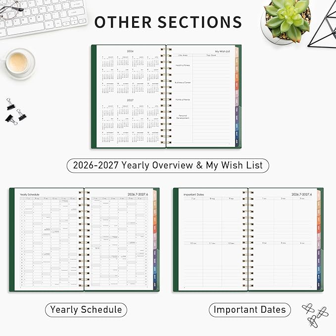 RETTACY Academic Planner 2026-2027, Weekly and Monthly, July 2026 - June 2027, Medium Size (5.7" x 8.3"), Calendar, Agenda, 12-Month Tabs, for Student, Teacher, School (Dark Green)