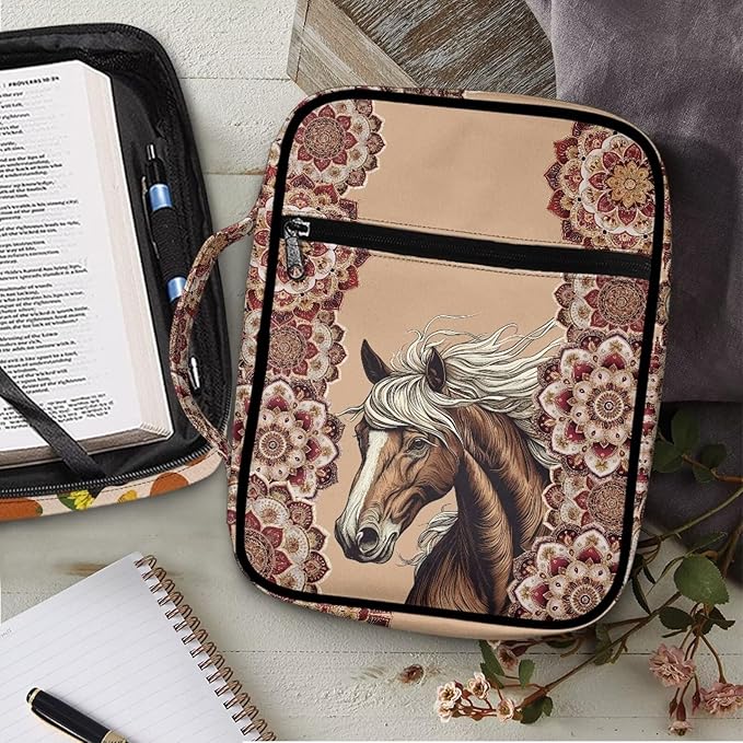 Suobstales Boho Mandala Horse Print Bible Cover Carrying Book Case for Women Men Lightweight Bible Bag Bible Protective with Handle and Zippered Pocket
