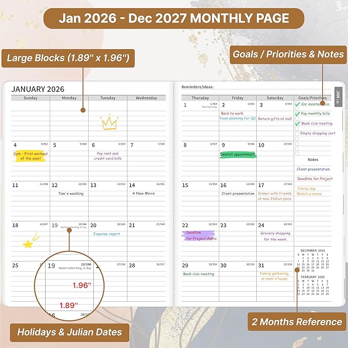 2026-2027 Monthly Planner, 2 Year Calendar Planner, Jan 2026 - Dec 2027, 8.3'' x 11'', 24 Months, Embossed Cover, with Printed Tabs ＆Pocket, Elastic Closure, Organizer for Office Home School, Brown