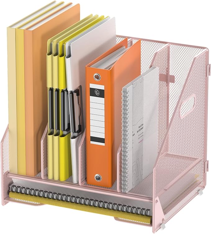 Docnest Desk File Holder Sorter, 4 Vertical Compartments Rack with Letter Tray, Mesh Magazine File Holder with Handle,Workspace Organizers,Desk Organizers for Paper, Mail, Documents-Pink