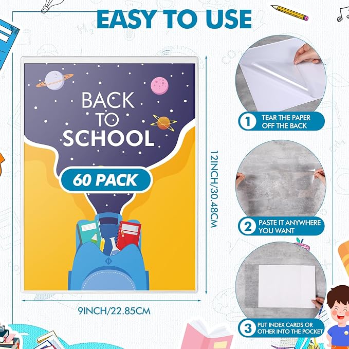 Outus 60 Pcs Self Adhesive Shop Ticket Holders Clear Plastic Sleeves Adhesive Pockets Work Order Job Ticket Holders for Back to School Student Label Home Office Posting Signs (9 x 12 Inch)