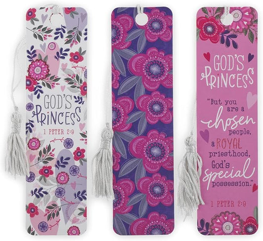 Christian Art Gifts Inspirational 3 Pieces Paper Cardstock Bookmark Set for Girls: God's Princess - 1 Peter 2:9 Encouraging Bible Verse for Reading, Matted Glittered, White, Pink, Purple Floral Hearts