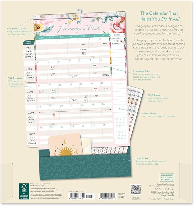 Orange Circle Studio 2026 Do It All Wall Calendar, Bella Flora, Family Monthly and Weekly Planner, Hanging Organizer, Aesthetic for Office, Home or School Use, Magnetic and Nail Hanging Options