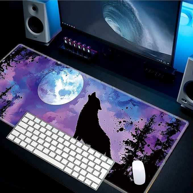 Mouse Pad Gaming Mousepad 31.5x11.8 Inch XXL Large + Coasters,Desk Mat with Stitched Edges, Non-Slip Rubber Base, Thick Mouse Pad for Computer, Laptop, Office & Home - Night Moon Wolf