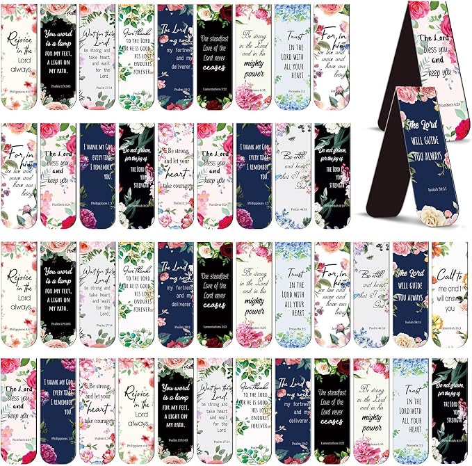 Zonon 48 Pcs Bible Verse Magnetic Christian Bookmarks 0.8x4.7in Inspirational Scripture Book Marker for Mother Women Men Religious Motivational Flower Page Clips Book Lover Reading Gift(Elegant Style)