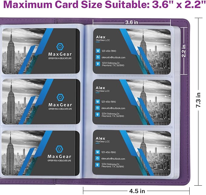 MaxGear Business Card Organizer Book, Holds 240 Cards, Portable PU Leather Business Card Holder with Clear Sleeves, Professional Card Binder for Office, Meetings, Networking, Purple