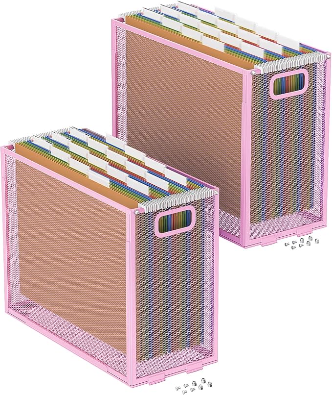Oterri Hanging File Organizer, Metal File Organizer, Portable Desktop File Organizer for Letter Size Folder, Mesh Hanging File Crate for Office,Folders Not Included(Fairy Pink,2 Pack)