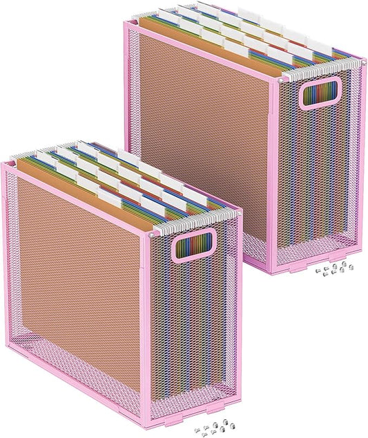 Oterri Hanging File Organizer, Metal File Organizer, Portable Desktop File Organizer for Letter Size Folder, Mesh Hanging File Crate for Office,Folders Not Included(Fairy Pink,2 Pack)