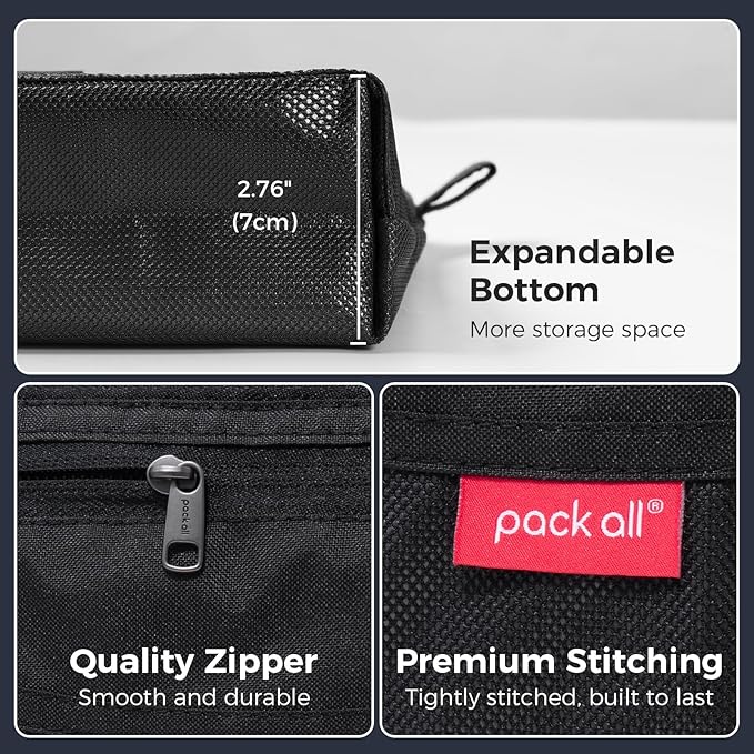 pack all Double-layered Water-Resistant Zipper Pouch, Mesh Zipper Bags for Storage, Travel, Office & Home Organization (Black, Medium)