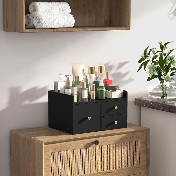 Bamboo Desk Organizer with Drawers Wooden Desktop Storage Organization Box for Bills Office Supplies Kitchen Utensils Organizing Tool for Home Classroom Vanity, No Assembly Required (Black, 3 Drawers)