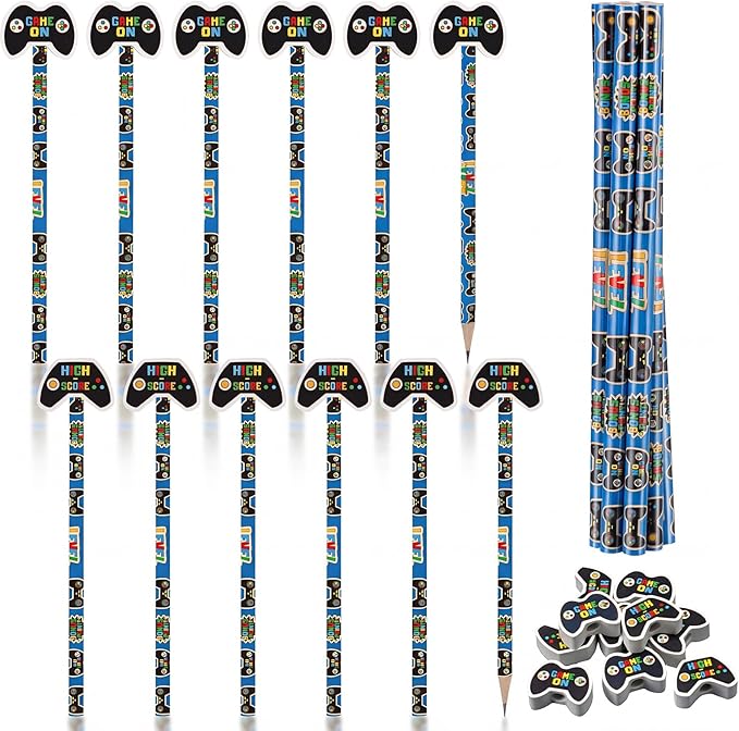 32 Pcs Video Game Themed Pencil with Eraser Video Game Party Favors Gaming Controller Stationery Supplies for School Classroom Exchange Gift Reward Prizes Adventure Vbs Party Supplies