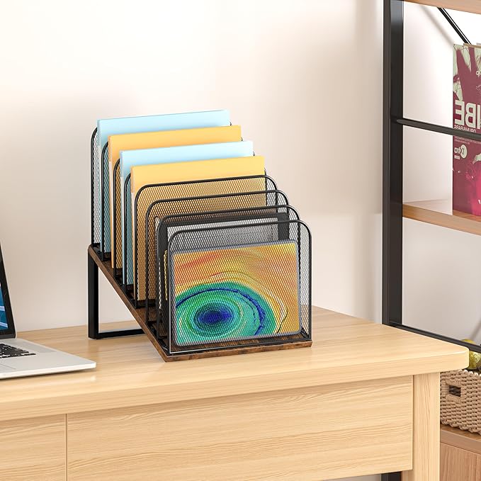 Piskyet Wooden Desk File Organizer, 7-Section Vertical File Folder Holder Stand,Metal Mail Paper Chromebook Organizer for Teacher Desk Office Classroom Desktop Organization（Inclined）