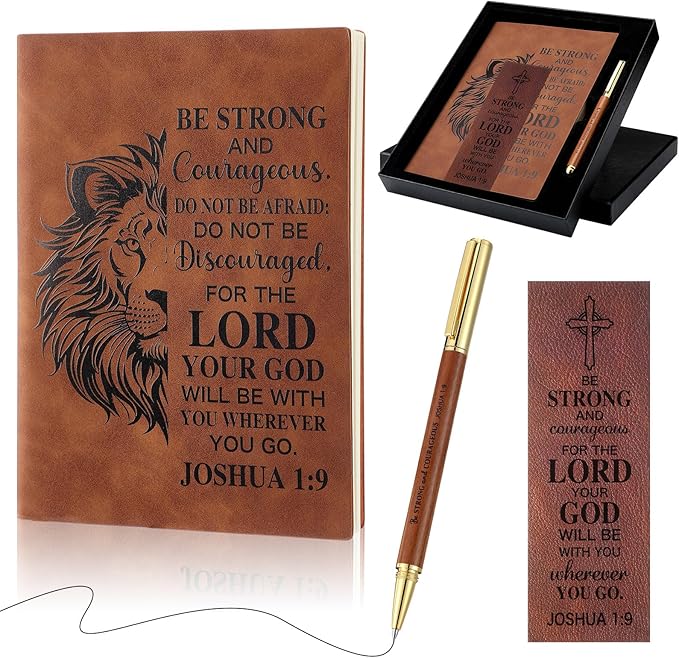 Fuyoooo 4 Pcs Christian Gifts for Men Father's Day Pastor Appreciation Gifts Vintage Leather Hardcover Notebook 1 Timothy 6:11 Religious Bible Verse Pen Joshua 1:9 Bookmark & Box(Lion,Brown)