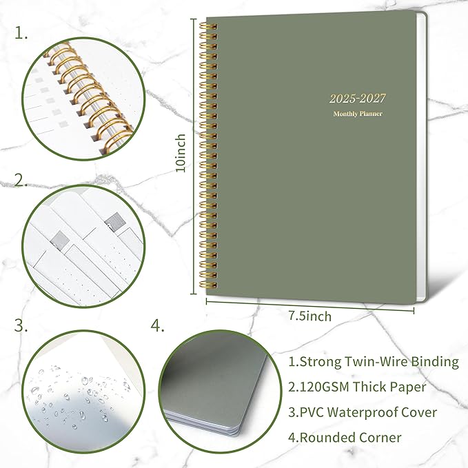Monthly Planner 2025-2027, July 2025 - June 2027, 2 Year Calendar 2025-2027 Monthly Planner, 7.5" x 10", 24 month Calendar With Goals To Do List, Habit Tracker Suitable for Schools & Offices & Home, Green