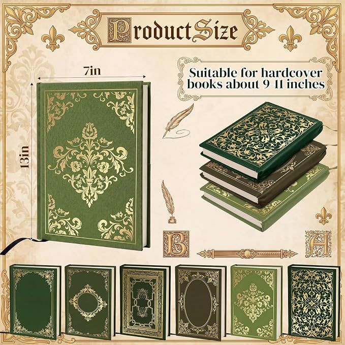 Gilprop 6 Pack Vintage Book Cover 9 x 11 in Jumbo Stretchable Book Cover for Most Hardcover Fabric Reusable Washable Protective Covers for Textbooks(Green)