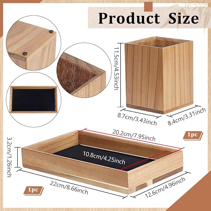 Acacia Wooden Desk Organizer Tray with Pen Holder, Non-Slip Desk Tray and Pencil Holder Set with Felt Lined, Office Desktop Accessories for Keys, Pen, Watch Home Workspace Organization