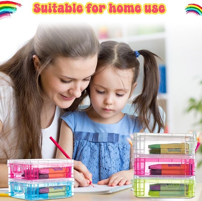 Suzile 25 Pcs Plastic Crayon Boxes with Snap Lids Crayon Storage Organizer Stackable Container Bulk Pencil Case for Pen Crafts Classroom Supplies (Clear, Pink, Blue, Green)