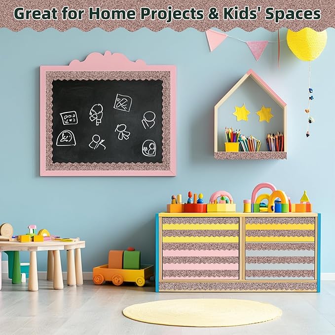 3 Rolls 98.4 Ft Glitter Bulletin Board Borders Set - Champagne Bulletin Board Decorations for Classroom, Office，School Supplies & Home DIY - Perfect for Teachers, Posters & Birthday Party Decor