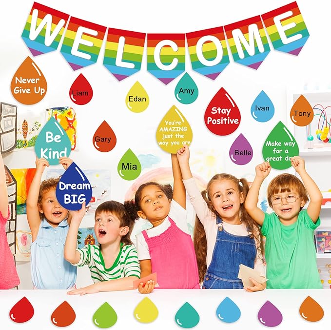 Back to School Bulletin Board Decorations First Day of School Bulletin Board Rainbow Welcome Back Banner Raindrop Motivational Cutouts Classroom Decor School Holiday Bulletin Board