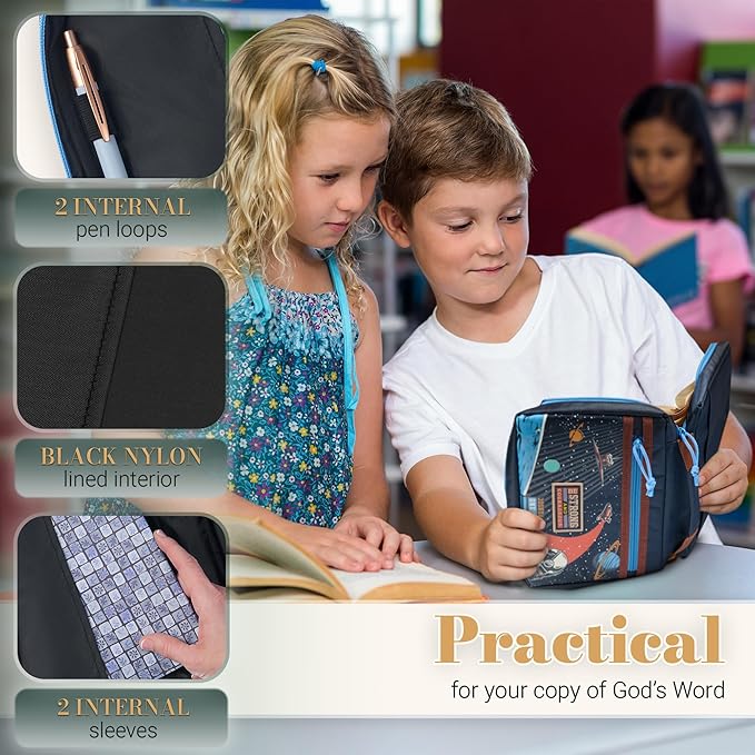 Christian Art Gifts Fashion Polyester Bible Cover for Boys & Girls: Be Strong Inspirational Scripture, Blue Multicolor Outer Space Travel Theme, Sturdy Pockets, Zippered, Pen Loops, Easy Carry, Small