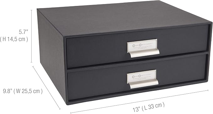 Bigso Box of Sweden Birger 2-Drawer Fiberboard Label Frame Document Letter Box | Desktop Drawers for Loose Papers, Documents with Metal Label Holder | 13.1" x 10" x 5.7" | Dark Grey