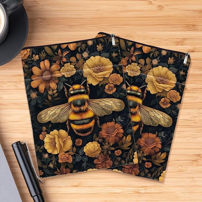 Vintage Flower Bee William Morris Book Sleeve for Book Lovers, Bookish Book Protector with Zipper, Washable Fabric Book Cover for Paperbacks & Hardcovers,11.4 x 9.1Inches (Black-Bees, Medium)
