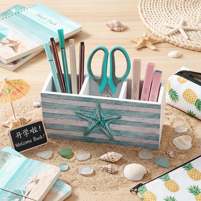 Feifeiya Starfish Coastal Pen Holder for Desk Lake House Nautical Beachy Wooden Box Sign Desk Decor Starfish Pencil Organizer Ocean Beach Lovers Gifts for Home Office Tabletop Shelf Decoration