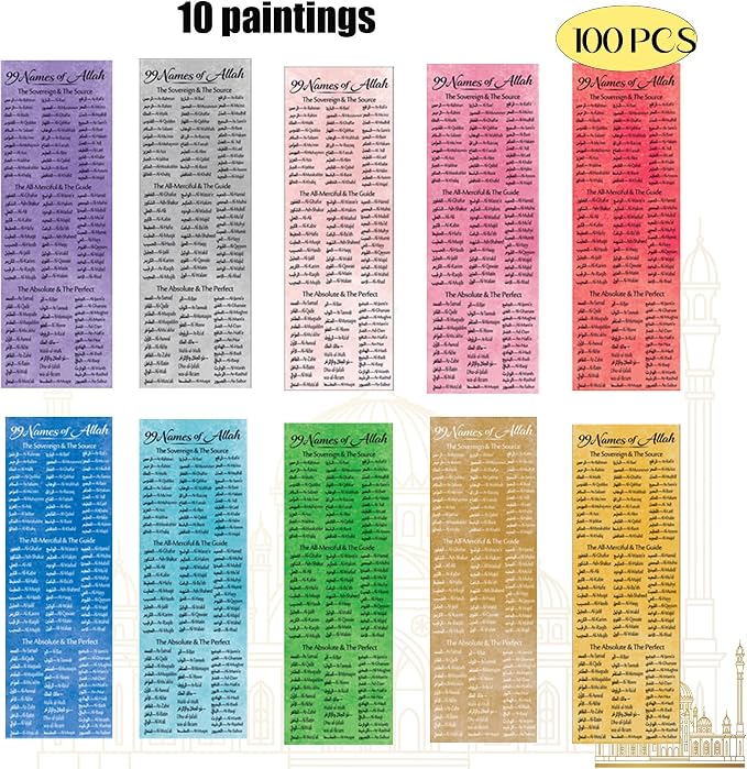 100 pcs Watercolor Cloud 99 Names of Allah Bookmark Arabic English Islamic Bookmarks Reflecting on The Names of Allah Ramadan Eid Gifts Bulk for Women Men Quran Learning
