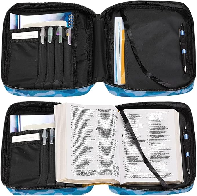 Coldinair Blue Camo Print Bible Cover for Men,Carrying Book Case Church Bag Bible Holder Protector with Handle and Zipper Pocket