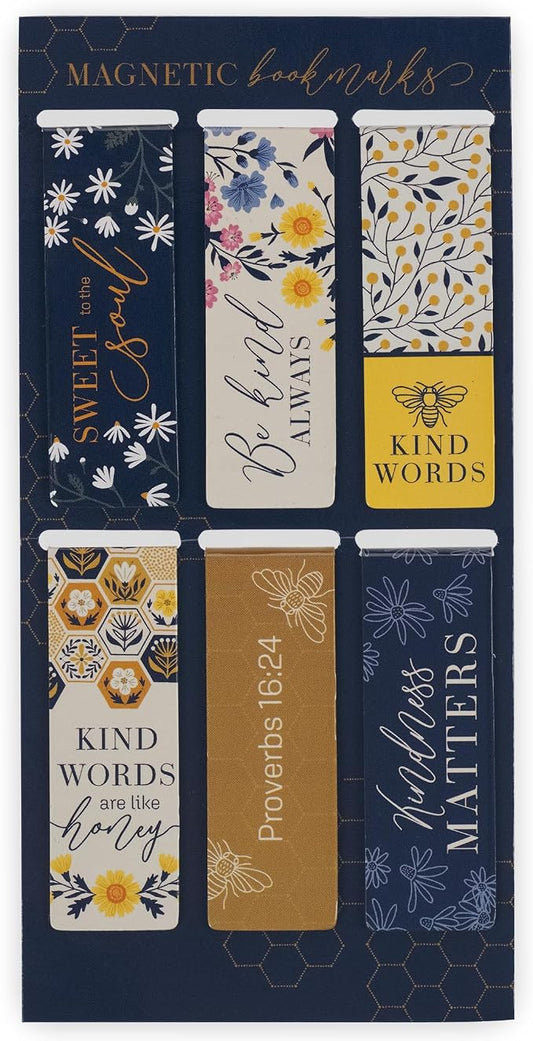 Christian Art Gifts Colorful Inspirational Magnetic Scripture Bookmark Set for Women: Kind Words are Like Honey Themed Navy Blue & Yellow Multicolor Floral Theme for Books, Bibles, Papers, Set of 6