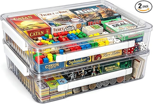 Board Game Storage & Puzzle Case 2 Pack,Extra Deep Storage Box with Lid,Stackable Storage Containers for A4 & Letter Paper,Clear Plastic Box with Latch for Crafts,Documents and Art Supplies