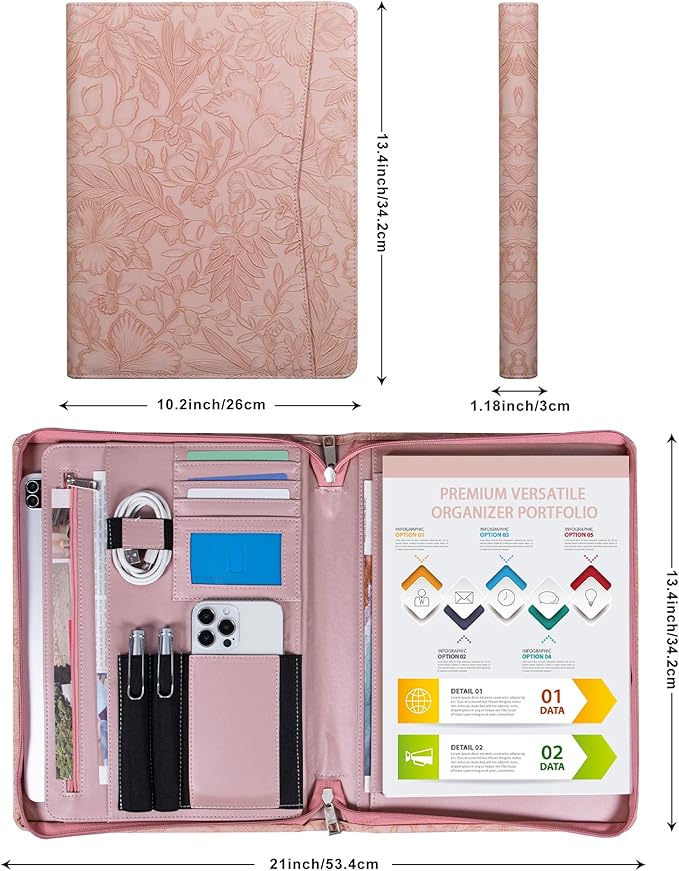 Pink PU Embossed Leather Padfolio for Women, A4 Document Holder with Zipper, Cheque and Legal Notepad Holder, Interview Binder for Women, Work Portfolio Organizer, Personalized Portfolios for Girls