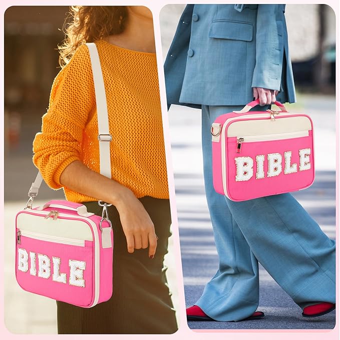 Bible Cover Case for Women Grils, Preppy Bible Bag with Adjustable Shoulder Strap, Waterproof Bible Carrying Tote Bags Holder for Bible Study Supplies Accessories & Christian Gifts (Rose Red)