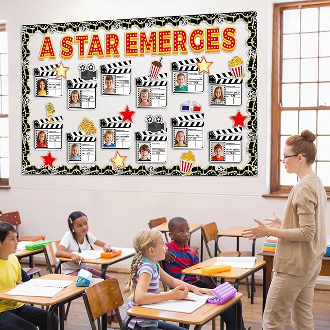 Movie Night Bulletin Board Set Awards Ceremony Classroom Decorations Movie Star DIY Photo Name Crafts Paper Cutouts A Star Emerges Bulletin Board Borders for Back to School Classroom Wall Door Decor