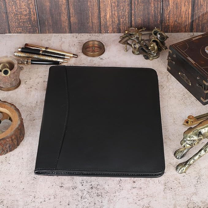 Heavy Duty Buffalo Leather Legal Pad Portfolio Handmade Executive Notebook Binder, Professional Padfolio Organizer Gift for Men and Women Genuine Leather Resume Document Holder (Black)