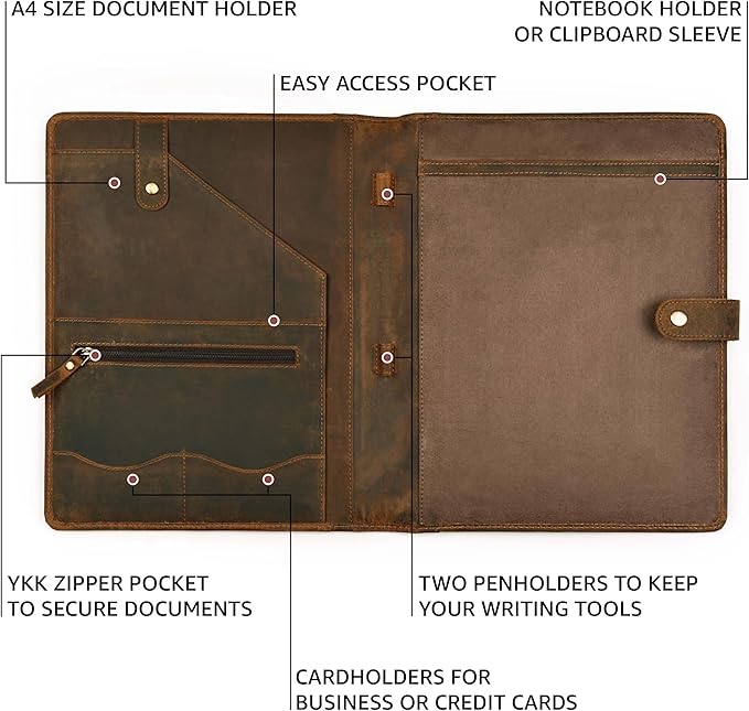 Genuine Leather Portfolio – Brown Professional Organizer & Resume Folder, Antique Leather Business Document Padfolio with Writing Pad, Ideal Gift for Men & Women