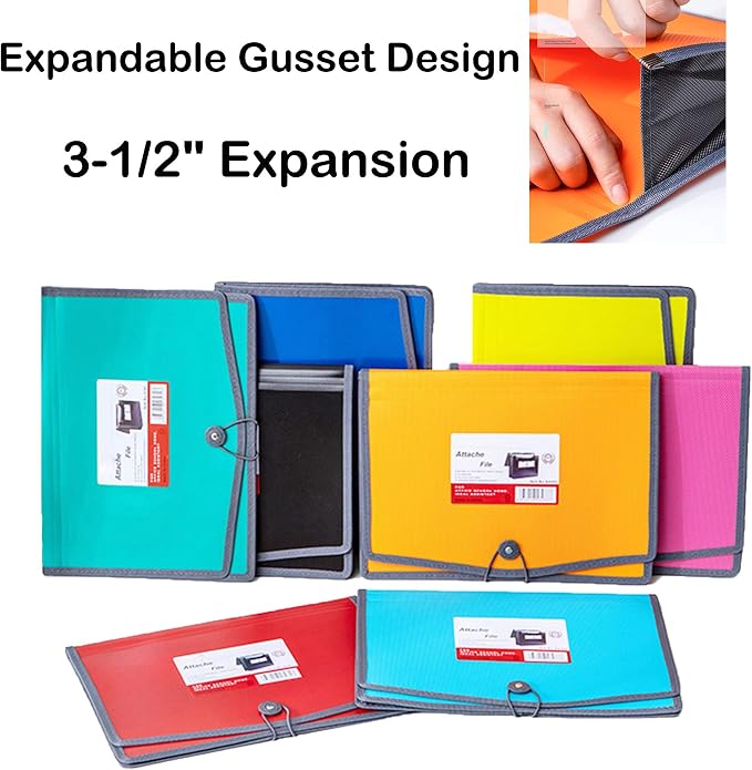 FANWU 4 Pack Plastic Expanding File Wallet Document Organizer with Elastic Cord & Button Closure, Letter Size, 3.5" Expansion, Poly A4 Expandable File Folder for School Office & Home Organization