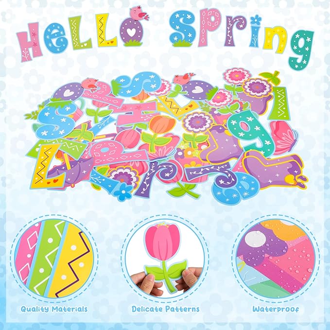 Hello Spring Flower Cut Outs for Spring Bulletin Board Decorations for Classroom with 100Pcs Glue Points,Spring Floral Classroom Decorations for Kindergarten School Spring Party Supplies (46Pcs)