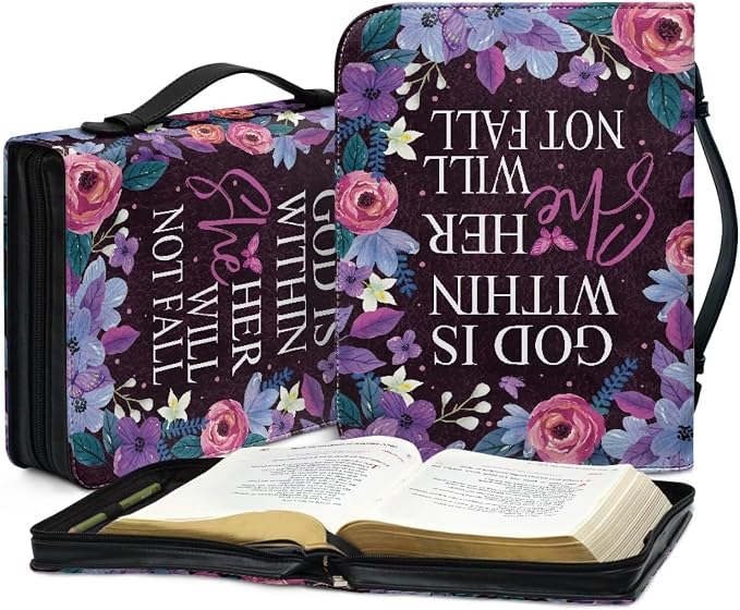 Gods Letter Flowers Bible Cover for Women - PU Leather Case with Handle, Waterproof Protector, Lightweight Tote Bag for Men, Large Size