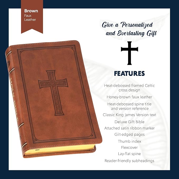 Personalized KJV Deluxe Holy Bible Honey Brown Faux Leather Medium Print Size with Celtic Cross Design | Medium Print | Custom Name at the Lower Right Side | Gift for Christian & Religious Celebration